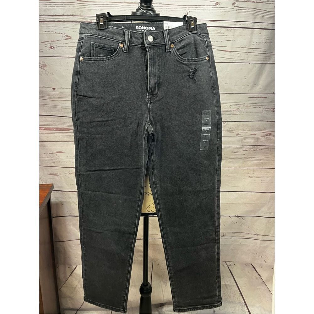 SONOMA Goods For Life Womens Straight Leg Jeans Black Distressed Size 8